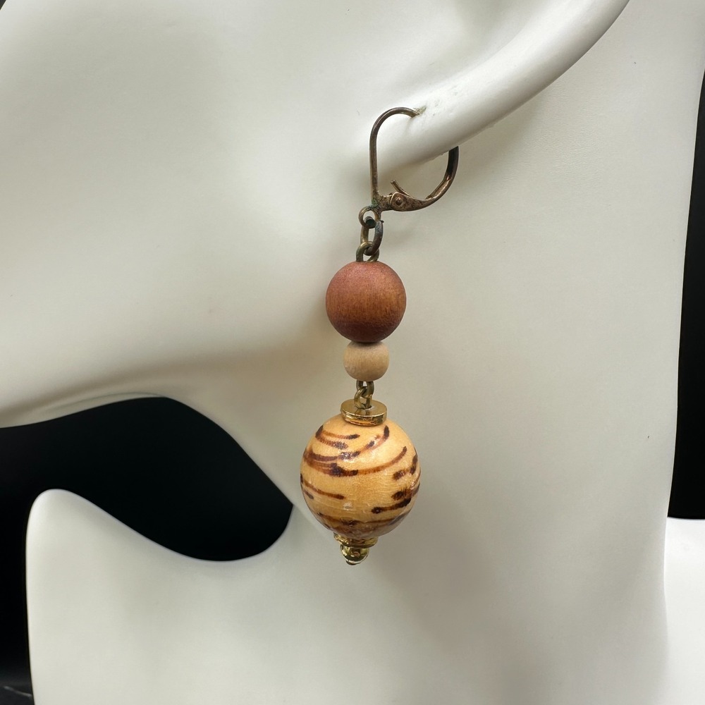 Natural Wood Bead Drop Earrings - Brown